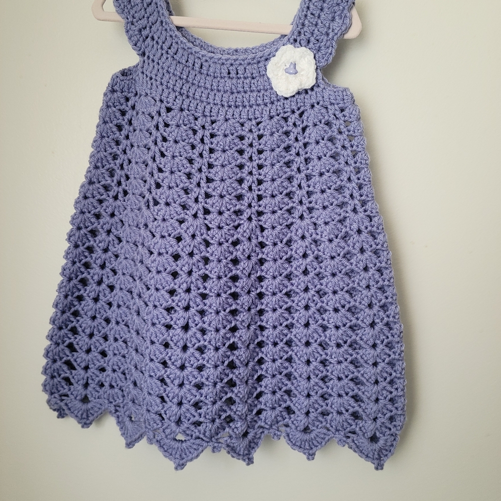 Handmade Purple Crochet Dress with White Flower and Hat.